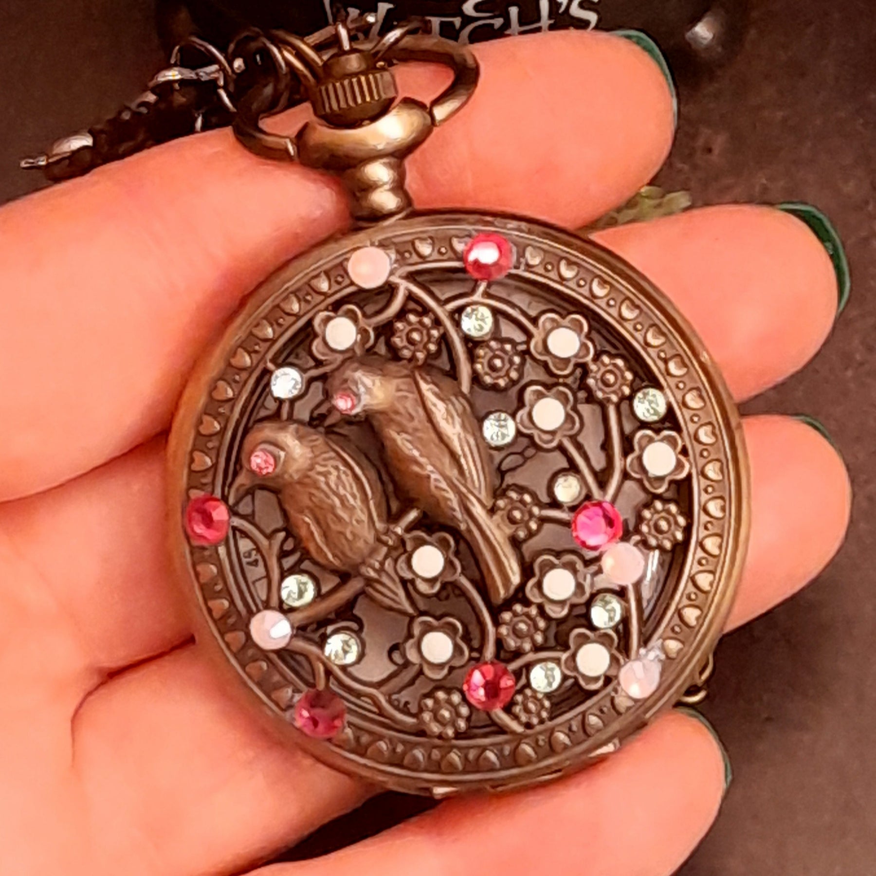 swarovski crystal bird [pocket watch necklace handmade magical nature 
