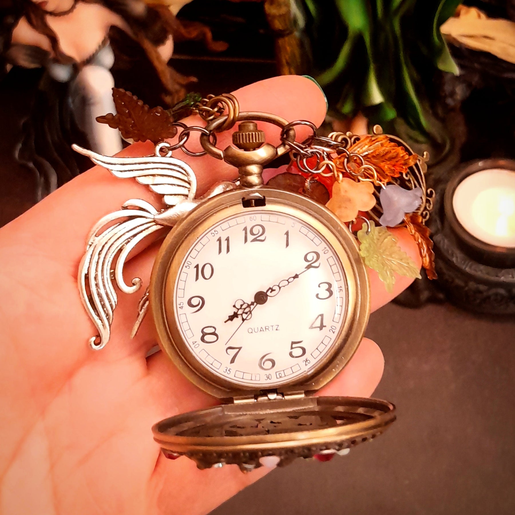 swarovski crystal birds pocket watch face open necklace handmade magical nature 