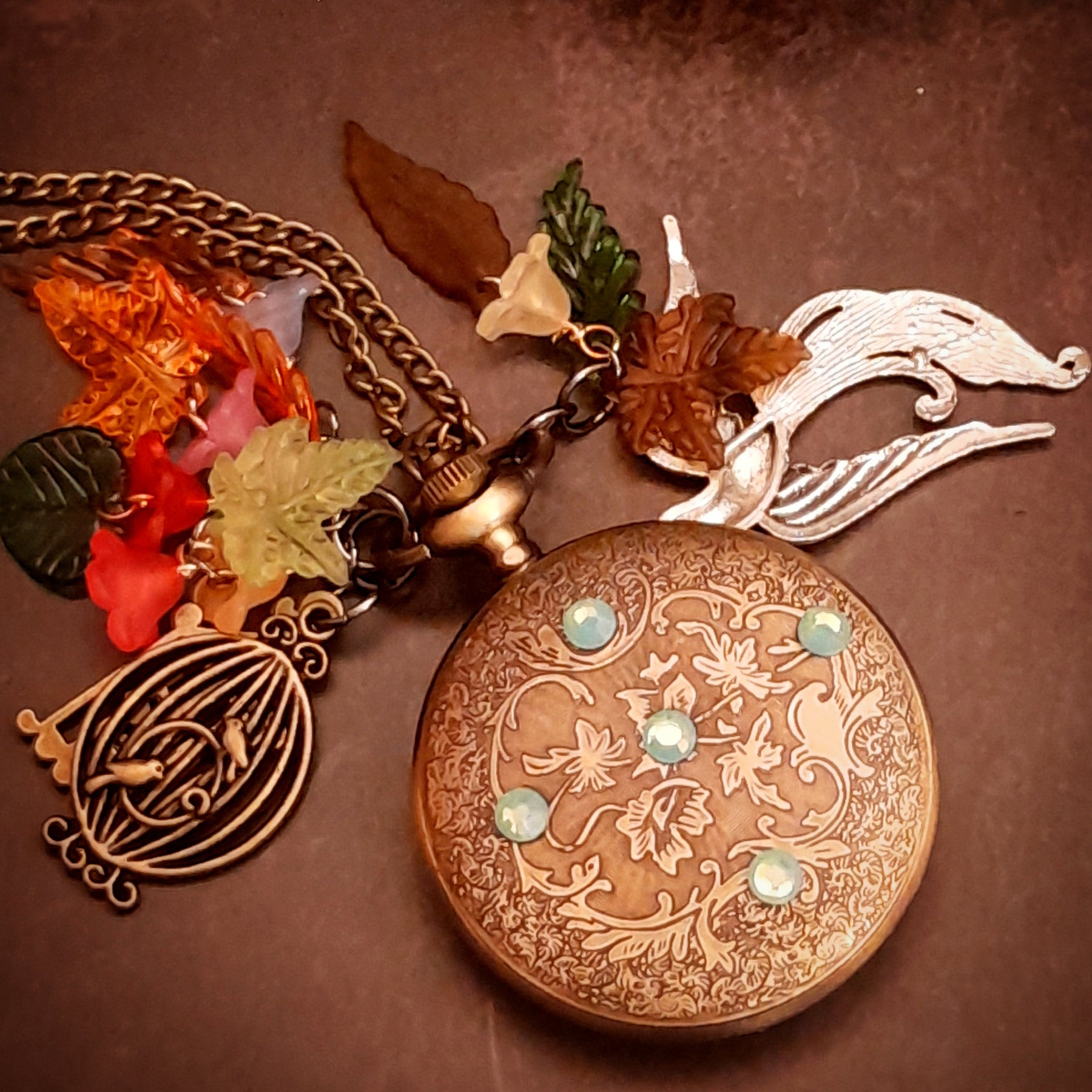 swarovski crystal phoenix back of pocket watch necklace handmade magical nature 