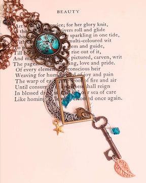 Victorian style bird necklace with tree of life cabochon, bird cage and bird, turquoise swarovski crystals silver filigree moon gold star and copper leaf. 