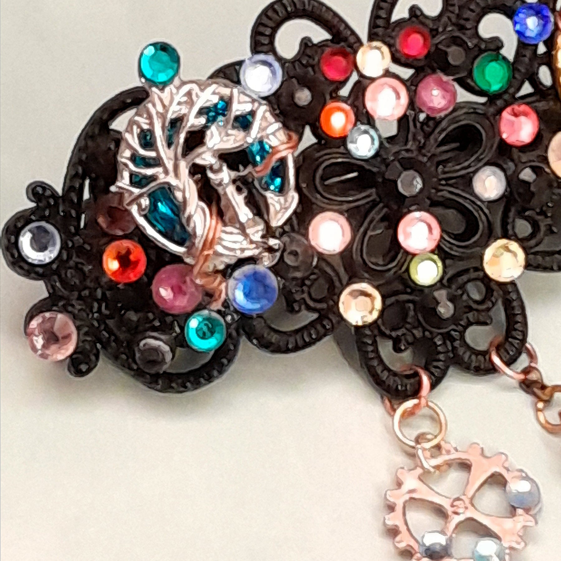 Handmade magical fantasy black barrette with silver Tree of Life charm and rainbow Austrian crystals, Victorian style vintage style bohemian hair accessory