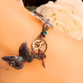 Handmade magical fantasy turquoise butterfly anklet with fairy charm and genuine Austrian crystals, Victorian style vintage style, colorful boho fairycore anklet