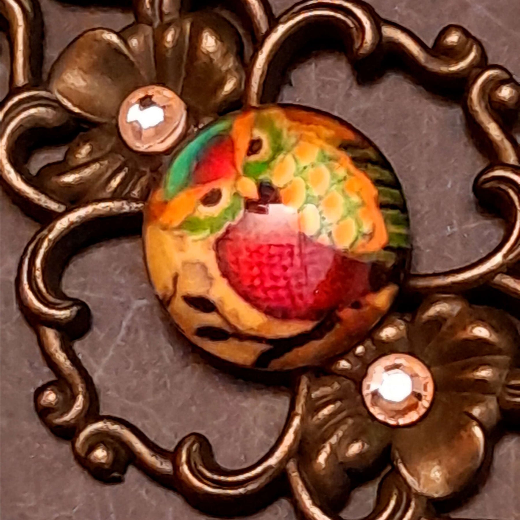 victorian vintage style dangle drop earrings with owl cabochons and yellow flower crystals