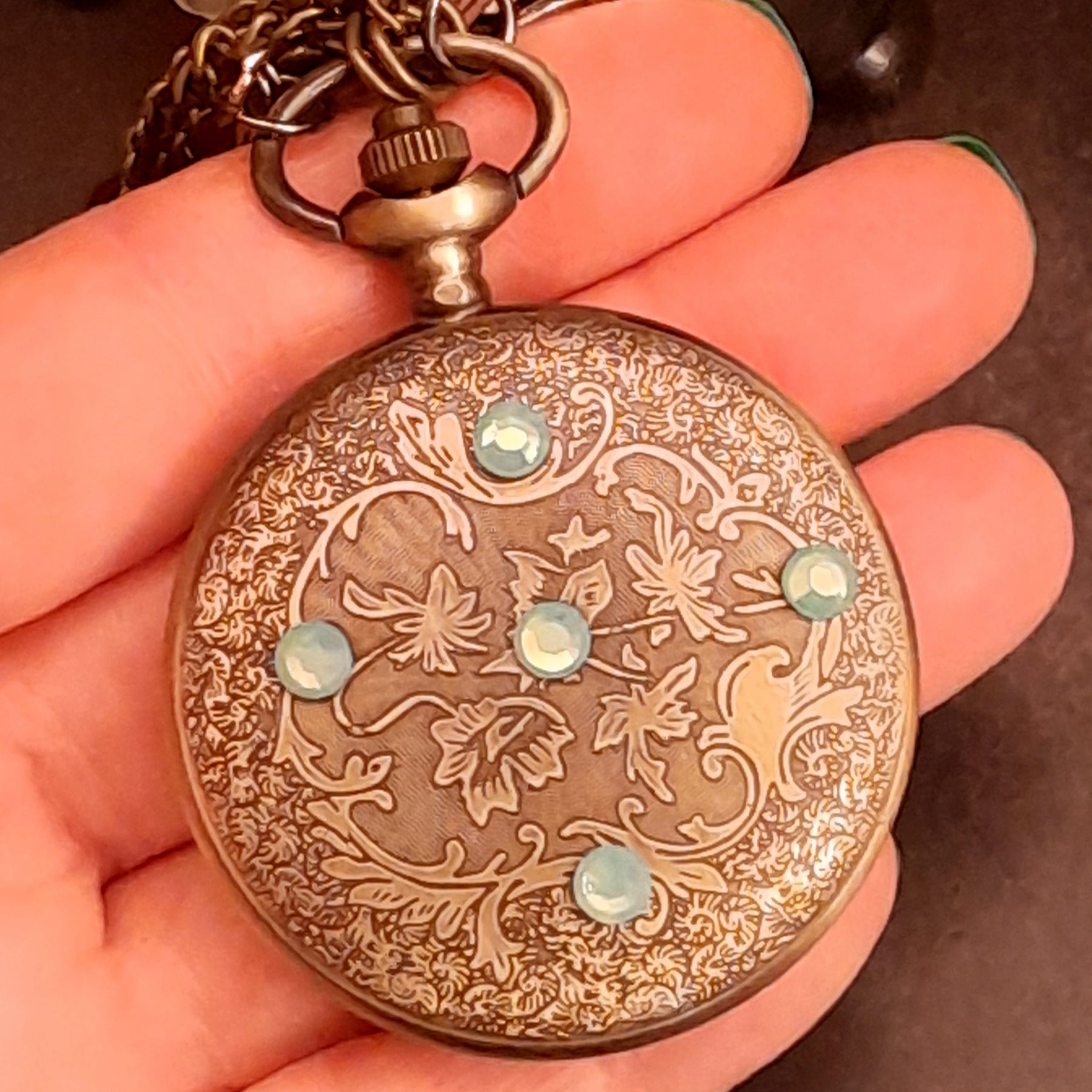 swarovski crystal bird back detail victorian style scrollwork pocket watch necklace handmade magical nature 
