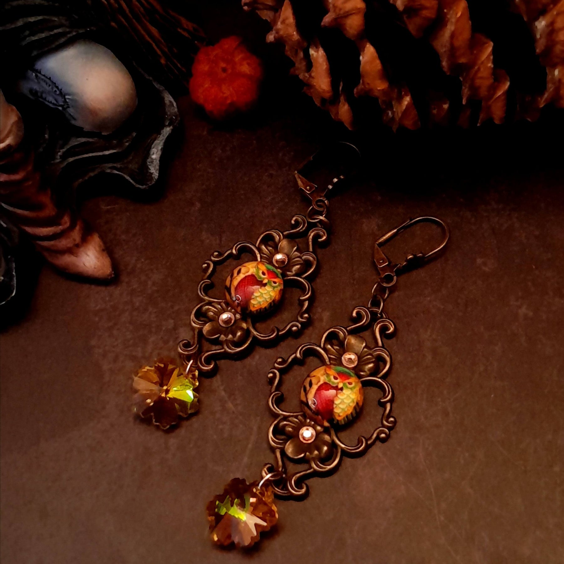 victorian vintage style dangle drop earrings with owl cabochons and yellow flower crystals