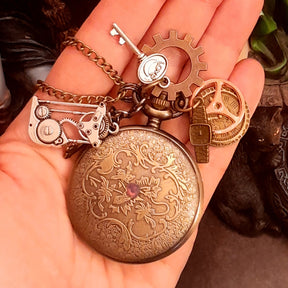 Vintage style working clock necklace with lavender Swarovski crystals and skeleton key pendant charms