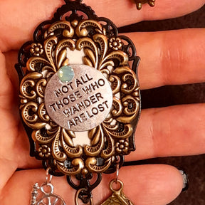 Fairy tale charm necklace with skeleton key, cauldron, broom and spinning wheel charms, Victorian style vintage style Swarovski crystal jewelry, Rachel Flam Design