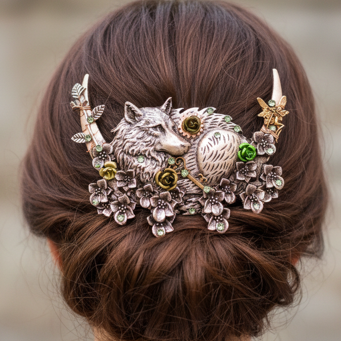 Woman wearing wolf and green flowers hair clip - swarovski crystals green