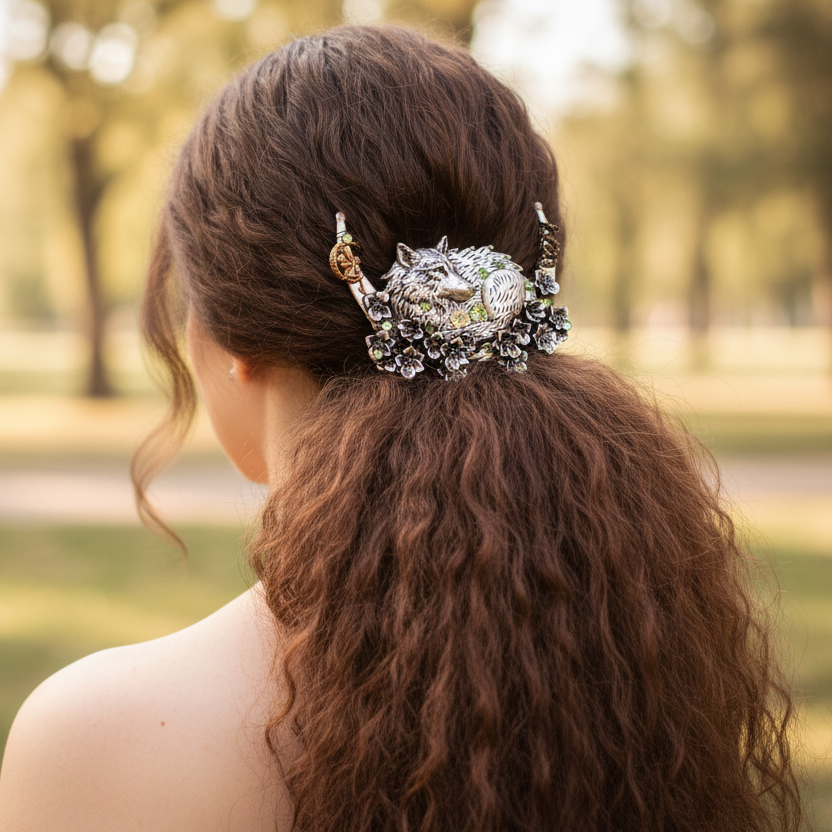 Woman with thick brown hair in ponytail wearing fantasy hair clip wolf green crystals swarovski