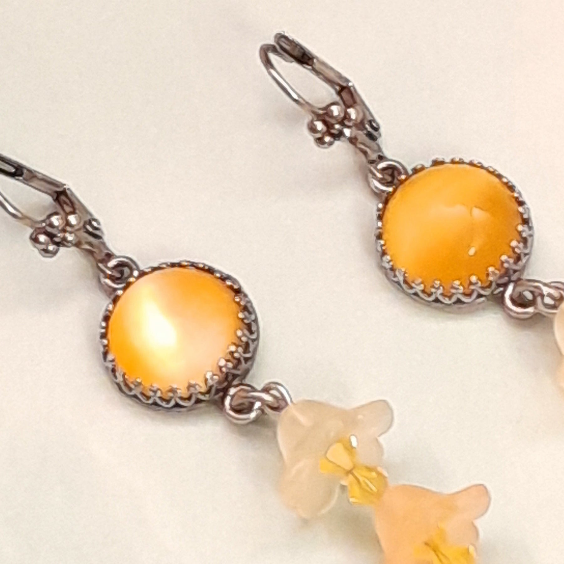One of a kind Victorian style vintage style yellow Swarovski crystal dangle earrings with frosted flower beads