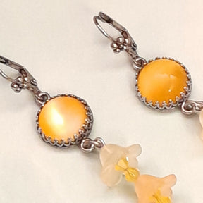One of a kind Victorian style vintage style yellow Swarovski crystal dangle earrings with frosted flower beads