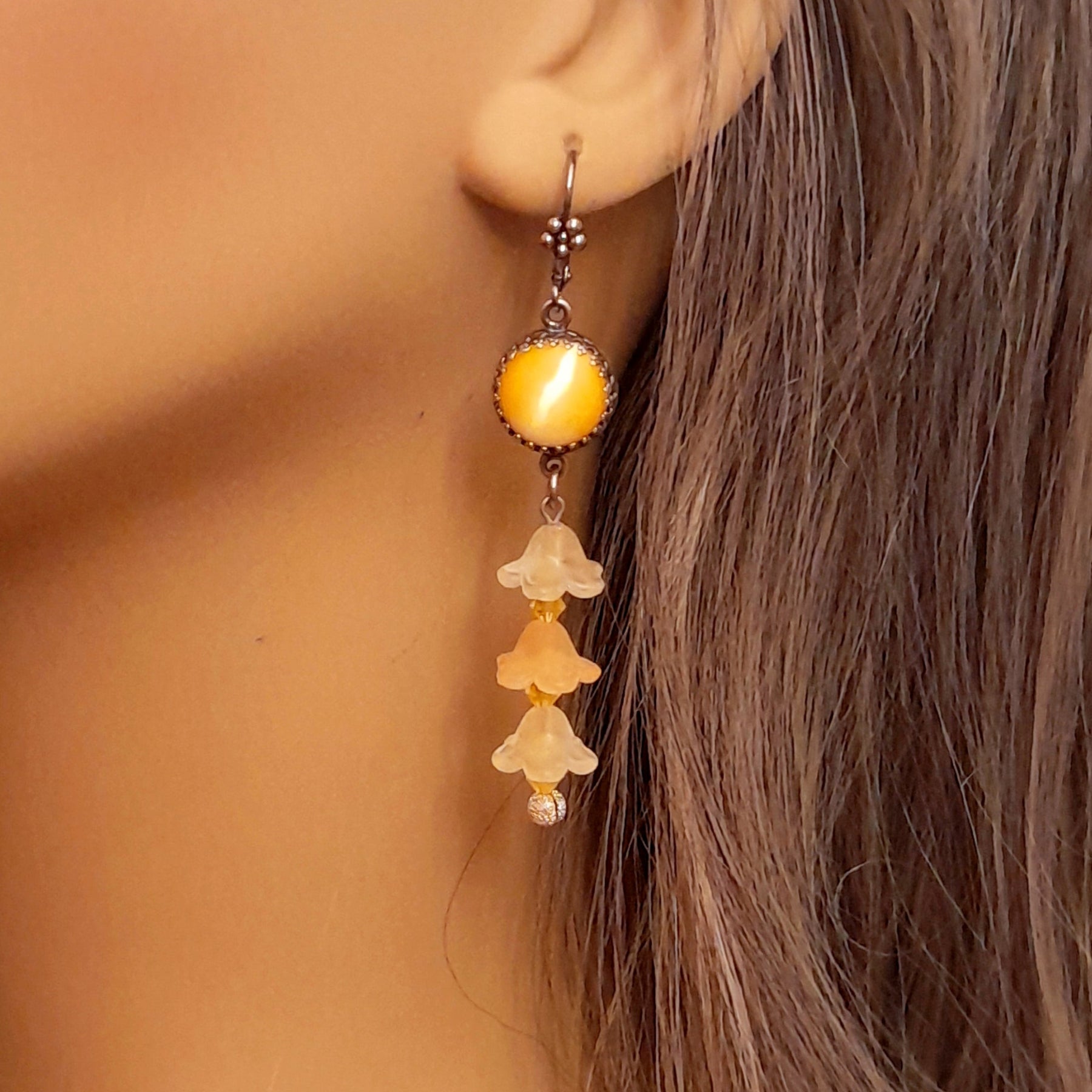 Magical fantasy Victorian style vintage style yellow Swarovski crystal flower dangle earrings handmade