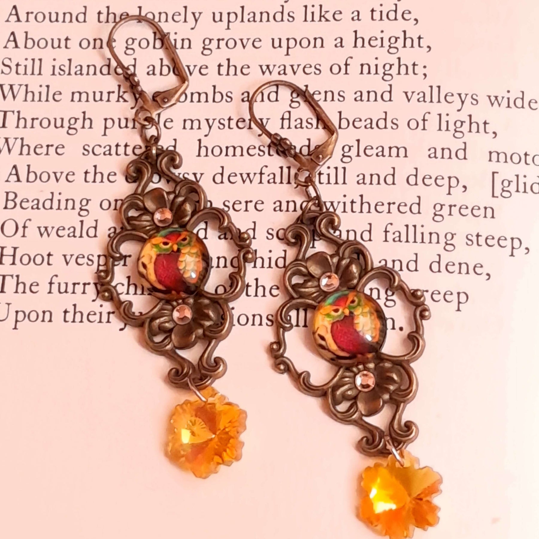 victorian vintage style dangle drop earrings with owl cabochons and yellow flower crystals