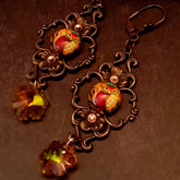 victorian vintage style dangle drop earrings with owl cabochons and yellow flower crystals