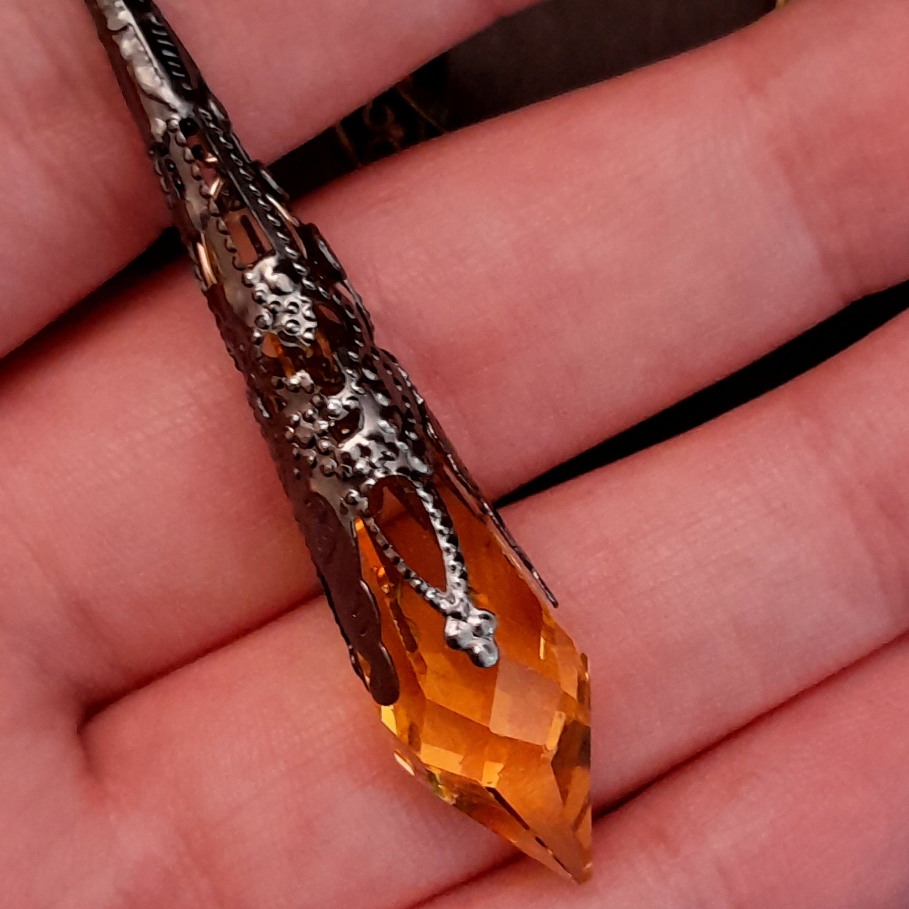 statement necklace with pumpkins dragon leaves brass filigree moon baroque crystals and swarovski yellow icicle crystal round links unique chain 