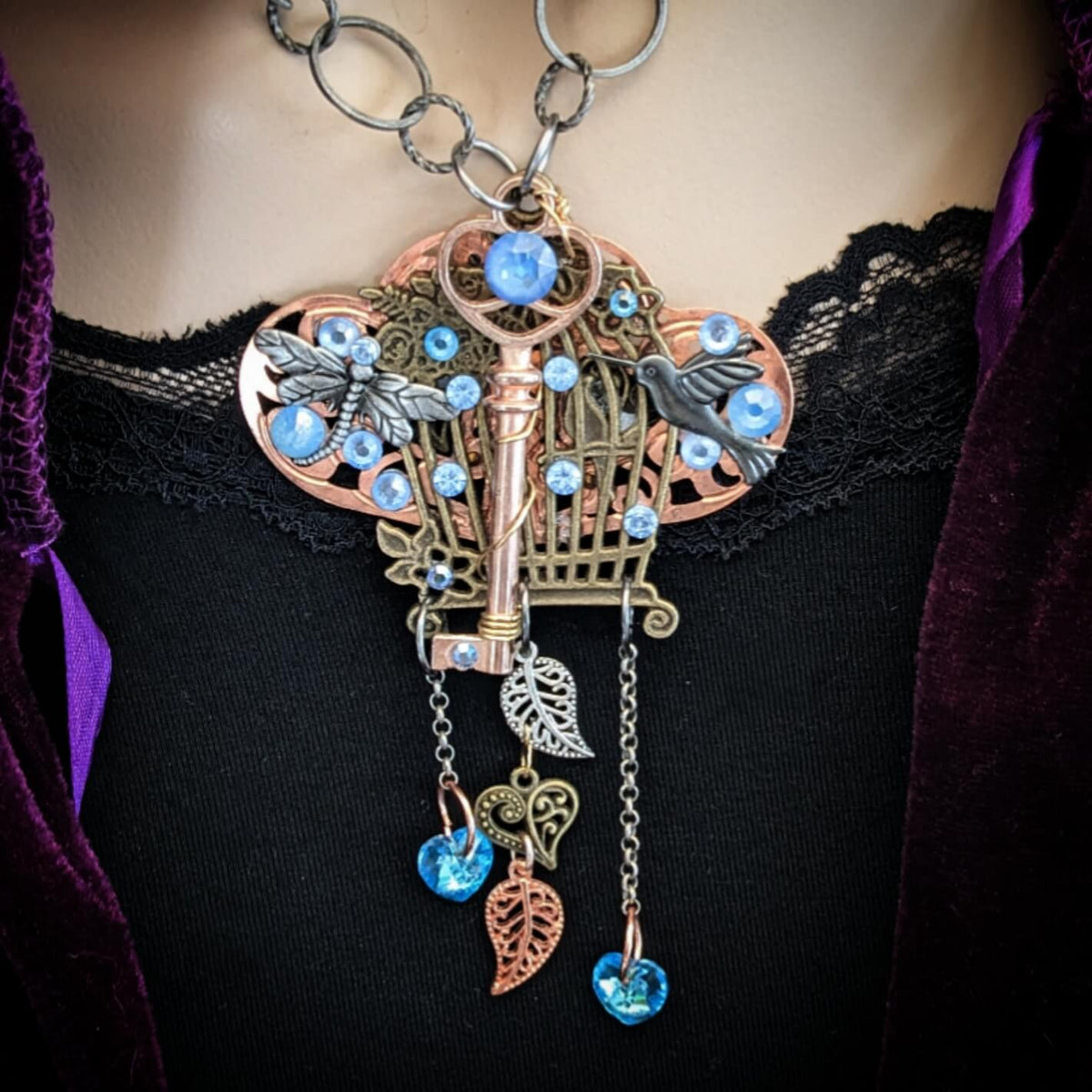 Hummingbird Dragonfly Heart Necklace
