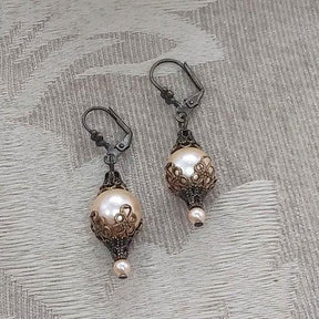 antiqued brass pearl peach earrings