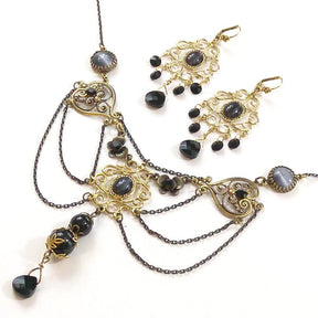black crystal necklace earring rhinestone jewelry set