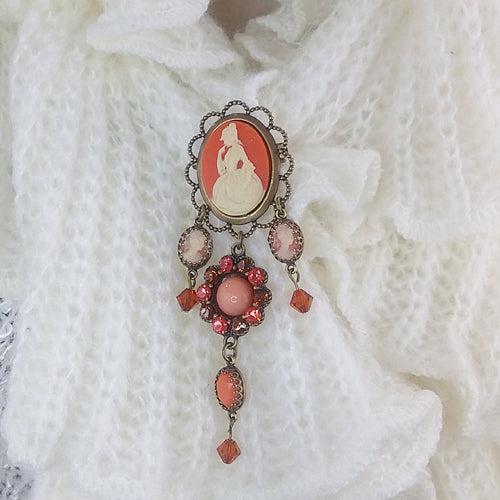 Cameo Coral Rhinestone Brooch