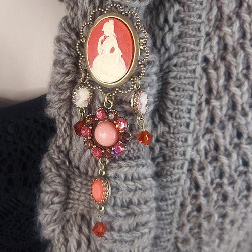 Cameo Coral Rhinestone Brooch