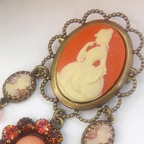 Cameo Coral Rhinestone Brooch