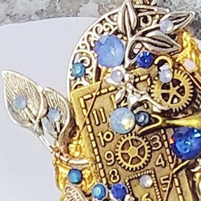 statement blue necklace clock closeup