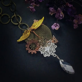 steampunk hummingbird necklace back wings gears