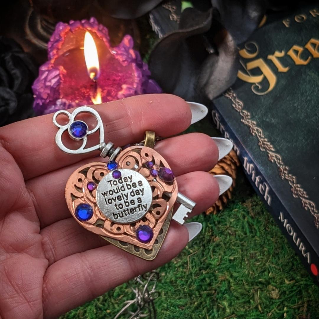 Key Heart Necklace |Purple Crystals